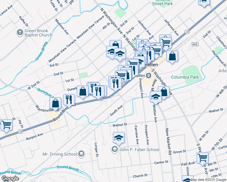map of restaurants, bars, coffee shops, grocery stores, and more near 512 North Avenue in Dunellen