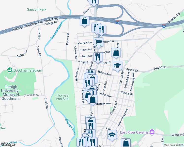 map of restaurants, bars, coffee shops, grocery stores, and more near 1339 Main Street in Hellertown