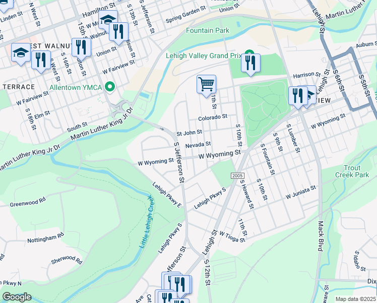 map of restaurants, bars, coffee shops, grocery stores, and more near 1202 West Wyoming Street in Allentown
