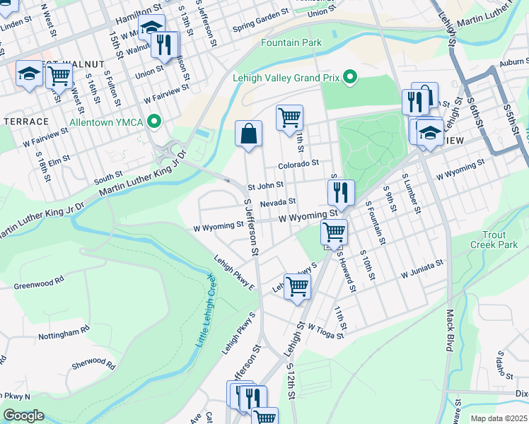 map of restaurants, bars, coffee shops, grocery stores, and more near 1202 West Wyoming Street in Allentown