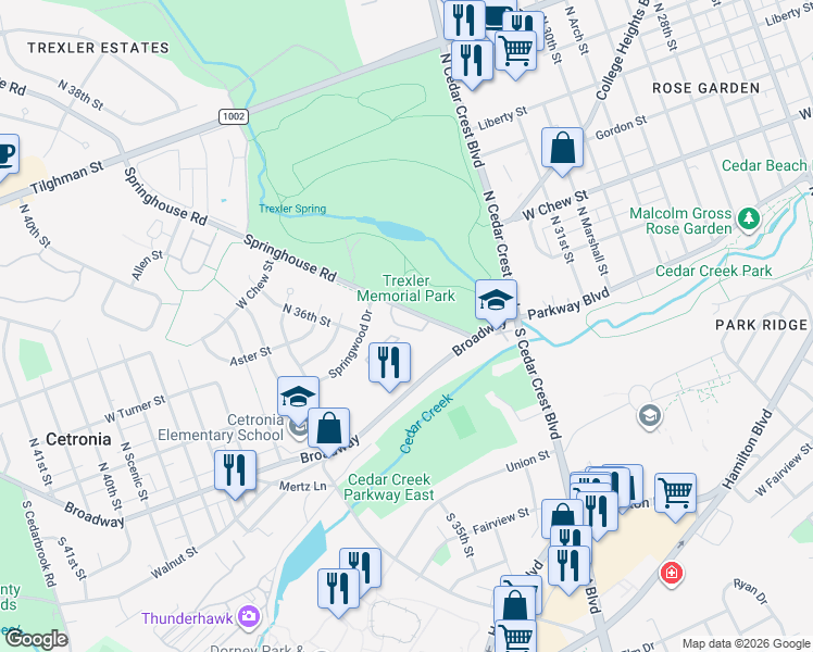 map of restaurants, bars, coffee shops, grocery stores, and more near 146 Springhouse Road in Allentown