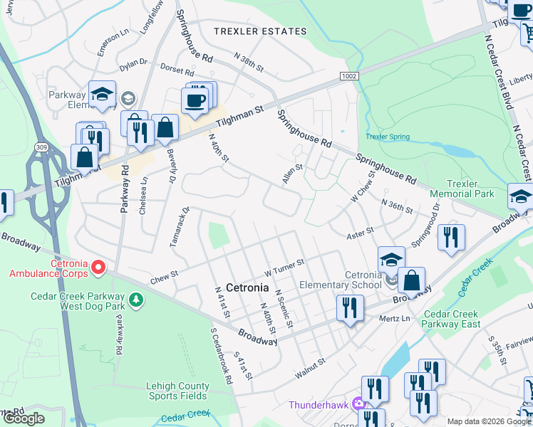 map of restaurants, bars, coffee shops, grocery stores, and more near 315 North Scenic Street in Allentown
