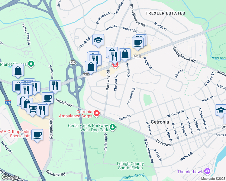 map of restaurants, bars, coffee shops, grocery stores, and more near 540 Chelsea Lane in Allentown