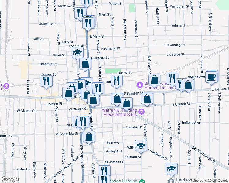 map of restaurants, bars, coffee shops, grocery stores, and more near 219 East Center Street in Marion