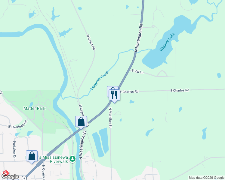 map of restaurants, bars, coffee shops, grocery stores, and more near 2201 North Huntington Road in Marion