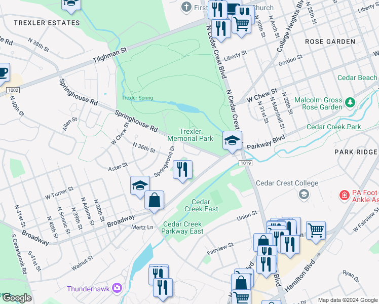 map of restaurants, bars, coffee shops, grocery stores, and more near 138 Springhouse Road in Allentown
