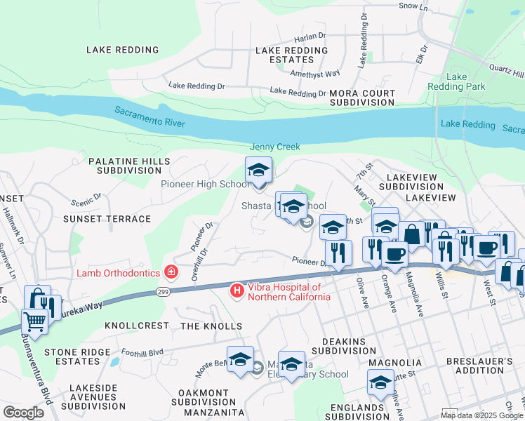 map of restaurants, bars, coffee shops, grocery stores, and more near 2650 8th Street in Redding