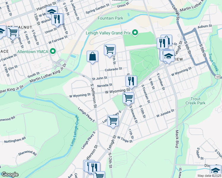 map of restaurants, bars, coffee shops, grocery stores, and more near 939 South Poplar Street in Allentown