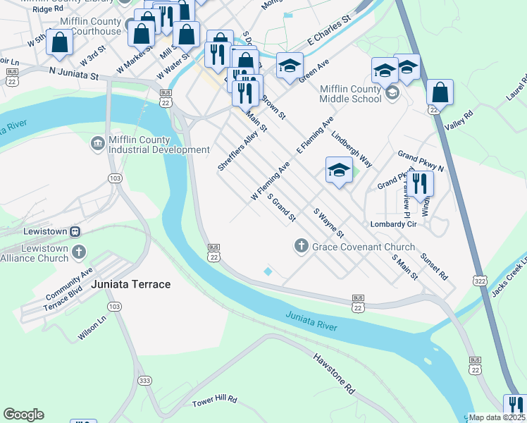 map of restaurants, bars, coffee shops, grocery stores, and more near 517 South Juniata Street in Lewistown