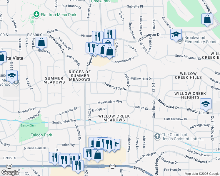 map of restaurants, bars, coffee shops, grocery stores, and more near 2120 Newcastle Drive in Sandy
