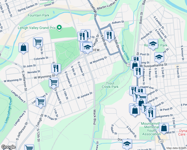 map of restaurants, bars, coffee shops, grocery stores, and more near 1115-1119 South 8th Street in Allentown