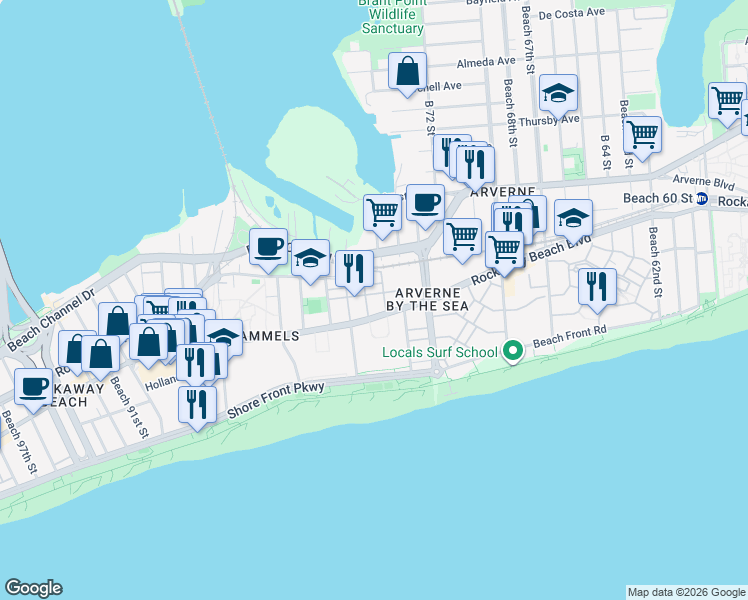 map of restaurants, bars, coffee shops, grocery stores, and more near 75-11 Aquatic Drive in Queens