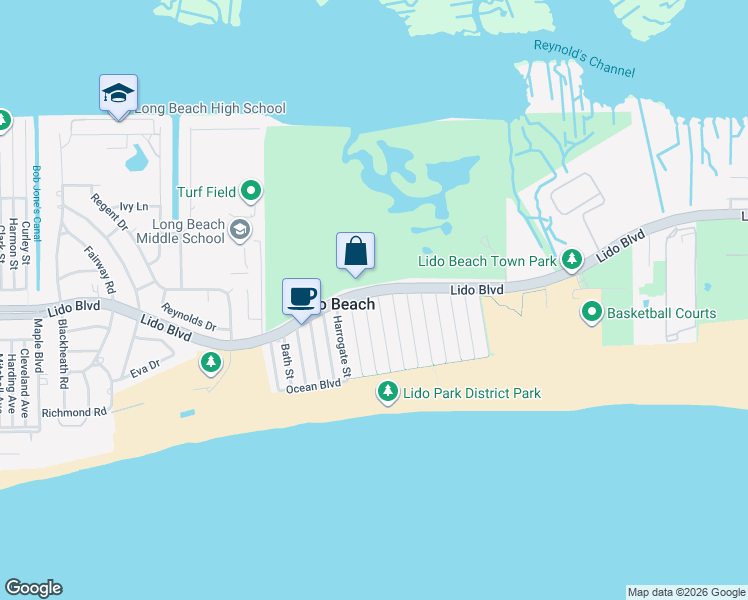 map of restaurants, bars, coffee shops, grocery stores, and more near 11 Biarritz Street in Lido Beach