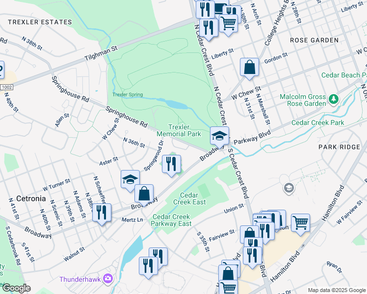 map of restaurants, bars, coffee shops, grocery stores, and more near 148 Springhouse Road in Allentown