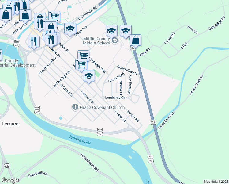 map of restaurants, bars, coffee shops, grocery stores, and more near 8 Edgewood Place in Lewistown