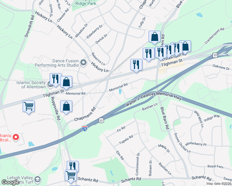 map of restaurants, bars, coffee shops, grocery stores, and more near 536 Kemmerer Lane in Allentown