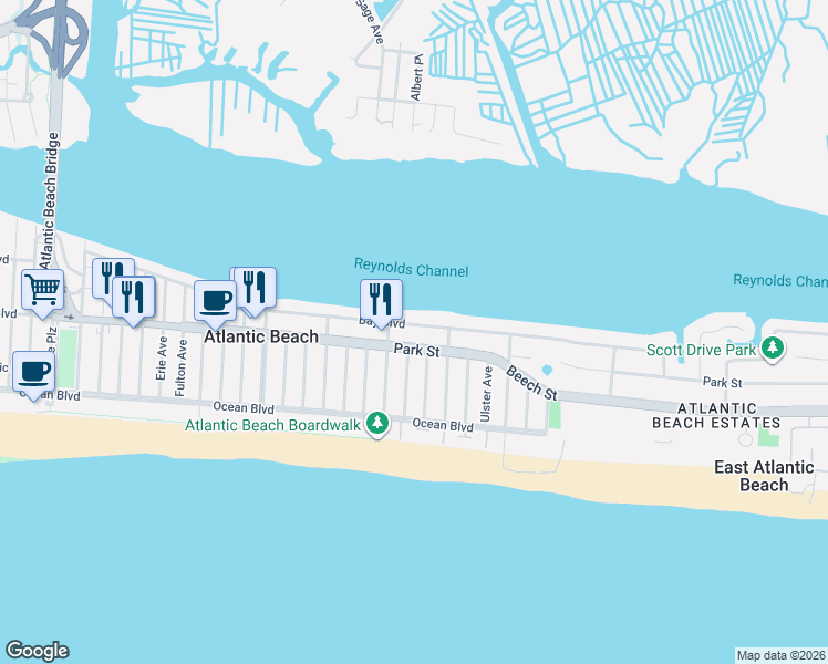 map of restaurants, bars, coffee shops, grocery stores, and more near 99 Queens Avenue in Atlantic Beach