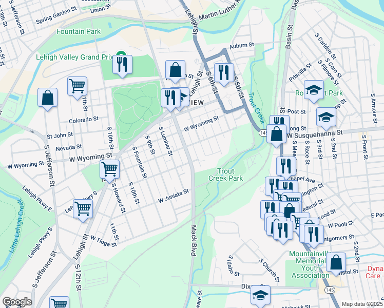 map of restaurants, bars, coffee shops, grocery stores, and more near 1115-1119 South 8th Street in Allentown