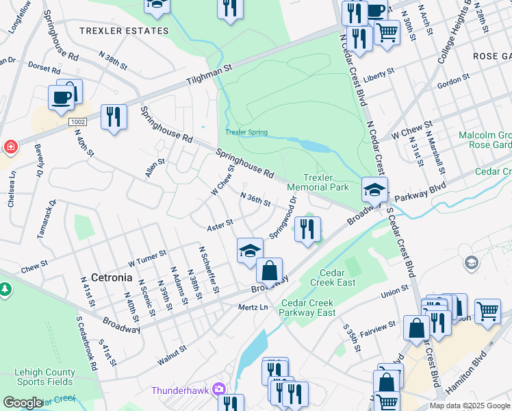 map of restaurants, bars, coffee shops, grocery stores, and more near 3603 Aster St in Allentown