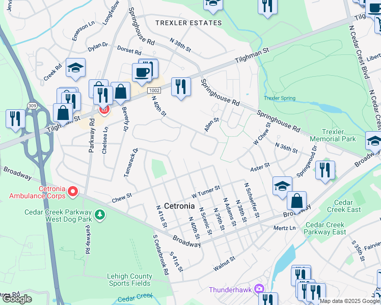 map of restaurants, bars, coffee shops, grocery stores, and more near 610 North 41st Street in Allentown