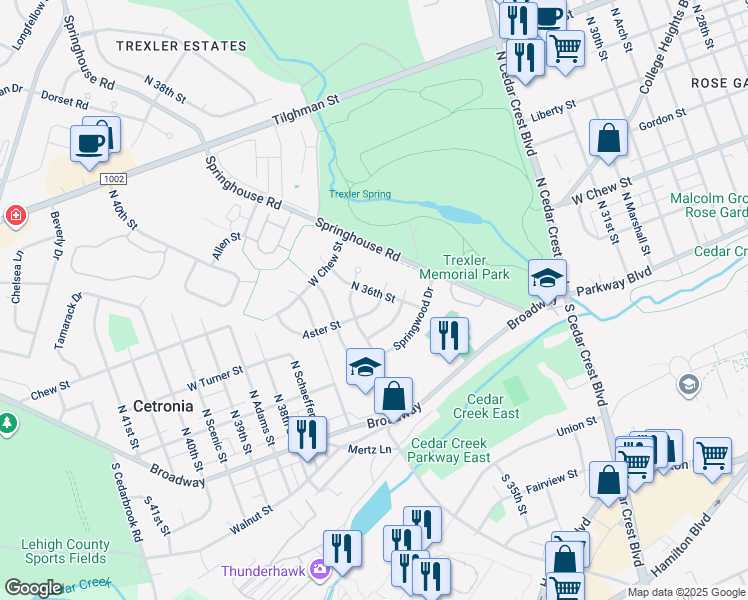 map of restaurants, bars, coffee shops, grocery stores, and more near 3603 Aster St in Allentown
