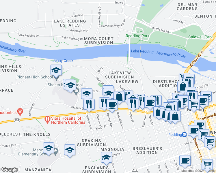 map of restaurants, bars, coffee shops, grocery stores, and more near 1953 8th Street in Redding