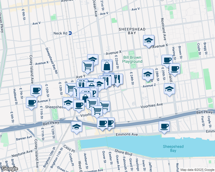 map of restaurants, bars, coffee shops, grocery stores, and more near 2955 Ocean Avenue in Brooklyn
