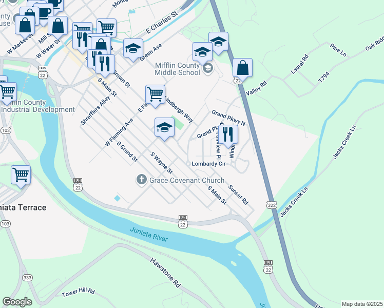 map of restaurants, bars, coffee shops, grocery stores, and more near 8 Grand Parkway North in Lewistown