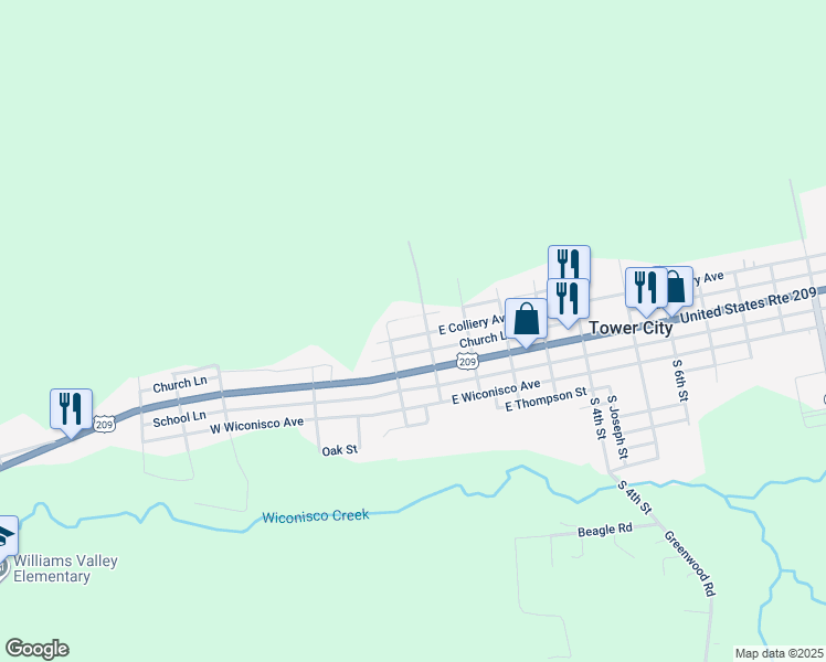 map of restaurants, bars, coffee shops, grocery stores, and more near 25 West Colliery Avenue in Tower City