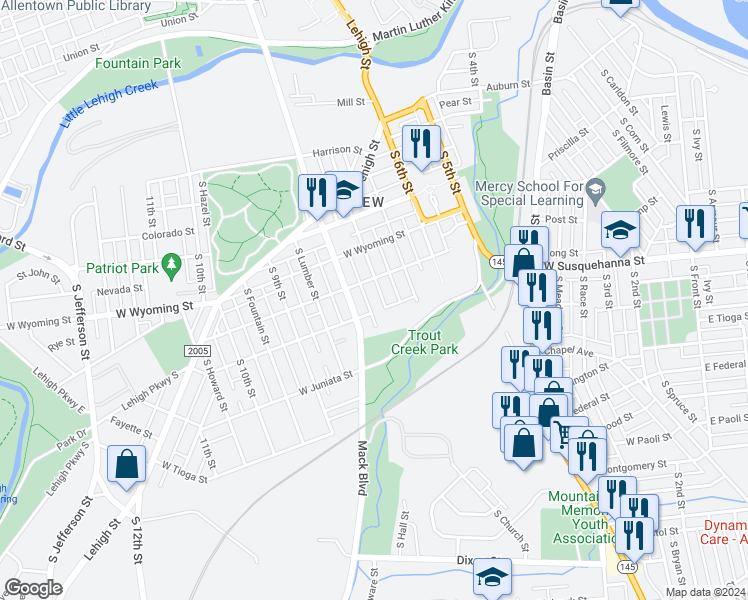 map of restaurants, bars, coffee shops, grocery stores, and more near 1120 South Hall Street in Allentown
