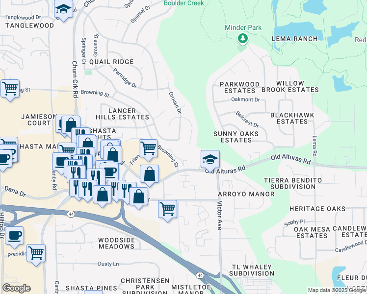 map of restaurants, bars, coffee shops, grocery stores, and more near 1186 Old Alturas Road in Redding