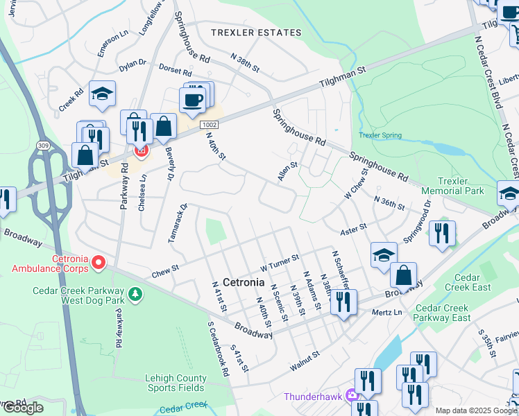 map of restaurants, bars, coffee shops, grocery stores, and more near 610 North 41st Street in Allentown