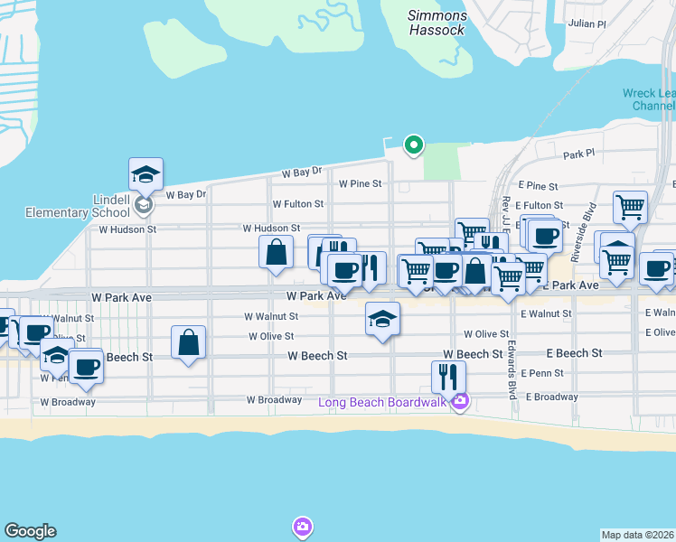 map of restaurants, bars, coffee shops, grocery stores, and more near 418 Laurelton Boulevard in Long Beach