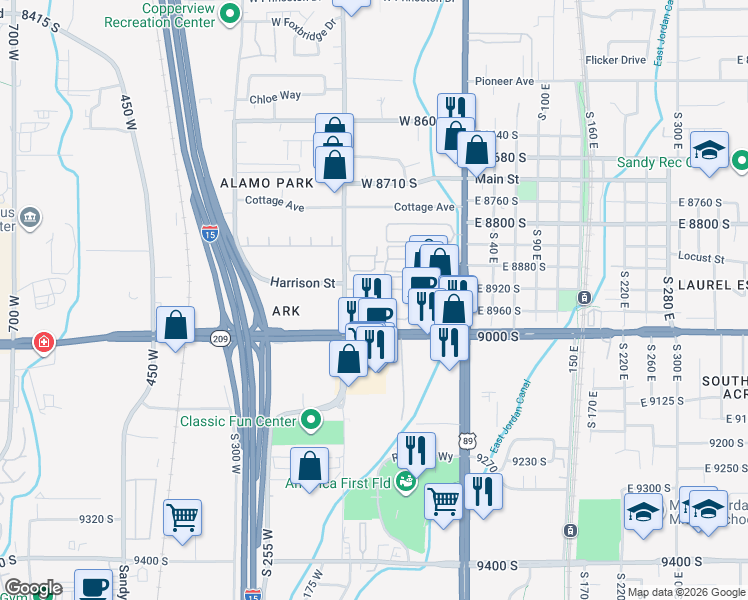 map of restaurants, bars, coffee shops, grocery stores, and more near 8937 South Monroe Street in Midvale