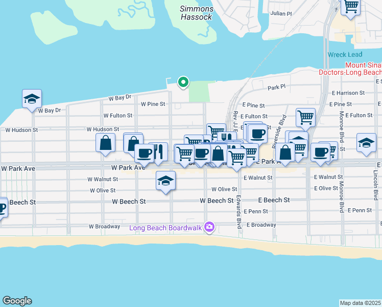 map of restaurants, bars, coffee shops, grocery stores, and more near 4653 West Park Avenue in Long Beach
