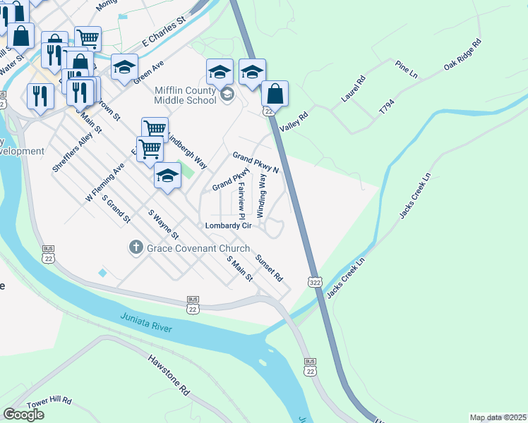 map of restaurants, bars, coffee shops, grocery stores, and more near 4 Winding Way in Lewistown