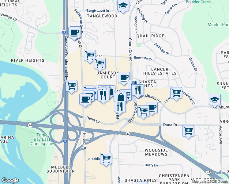 map of restaurants, bars, coffee shops, grocery stores, and more near 950 Dana Drive in Redding