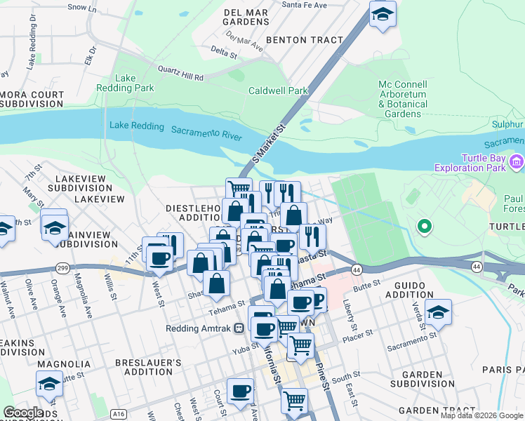 map of restaurants, bars, coffee shops, grocery stores, and more near 1097-1133 South Market Street in Redding