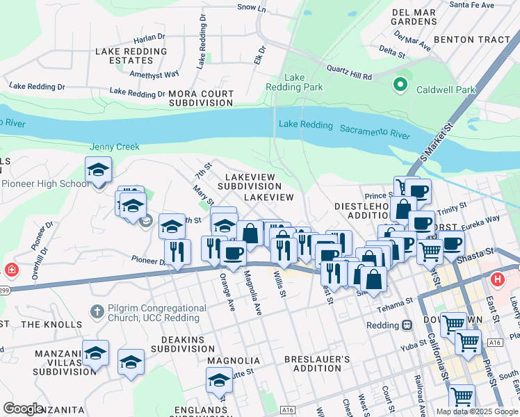 map of restaurants, bars, coffee shops, grocery stores, and more near 930 West Street in Redding