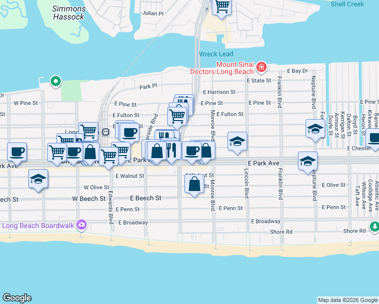 map of restaurants, bars, coffee shops, grocery stores, and more near in Long Beach