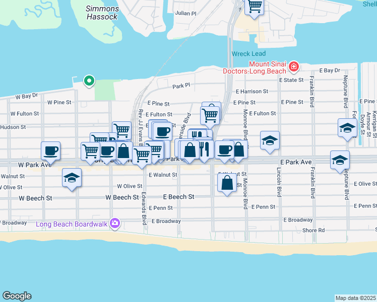 map of restaurants, bars, coffee shops, grocery stores, and more near 118 East Park Avenue in Long Beach