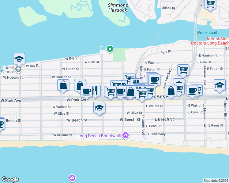 map of restaurants, bars, coffee shops, grocery stores, and more near 4653 West Park Avenue in Long Beach