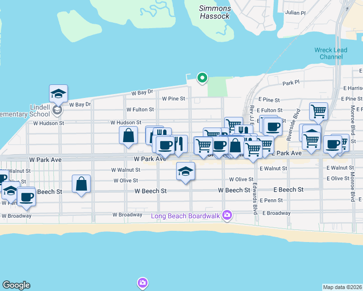 map of restaurants, bars, coffee shops, grocery stores, and more near 407 Magnolia Boulevard in Long Beach