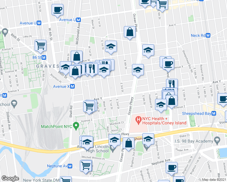 map of restaurants, bars, coffee shops, grocery stores, and more near 2502 East 2nd Street in Brooklyn