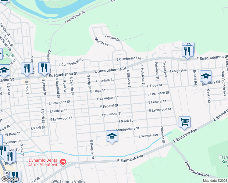 map of restaurants, bars, coffee shops, grocery stores, and more near 540 East Lexington Street in Allentown