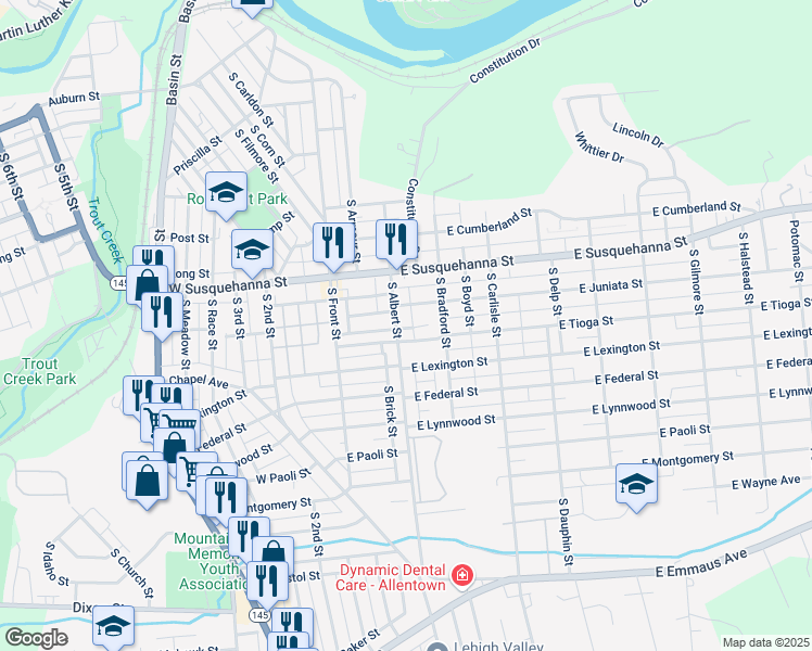 map of restaurants, bars, coffee shops, grocery stores, and more near 1405 South Albert Street in Allentown