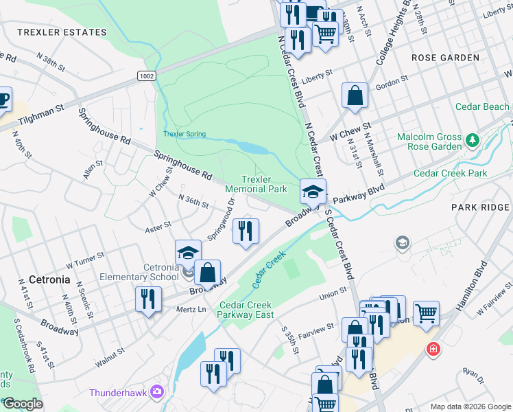 map of restaurants, bars, coffee shops, grocery stores, and more near 146 Springhouse Road in Allentown
