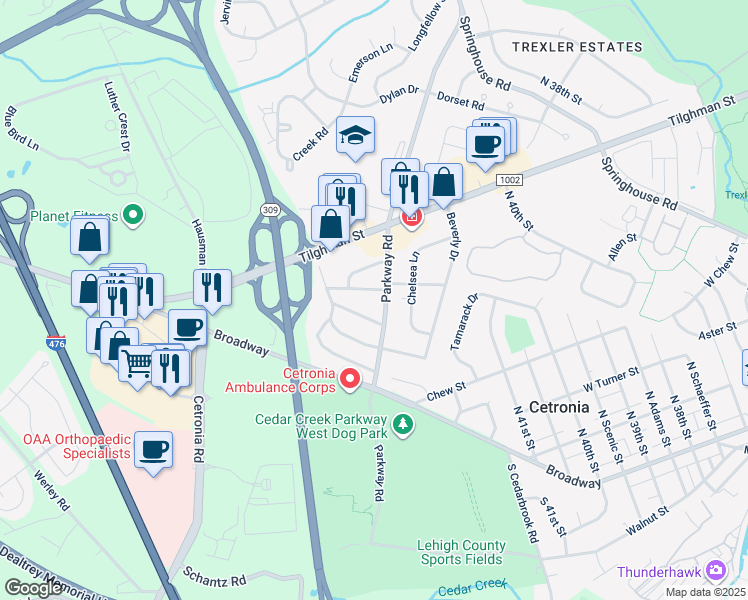 map of restaurants, bars, coffee shops, grocery stores, and more near 4216 Oakleigh Road in Allentown