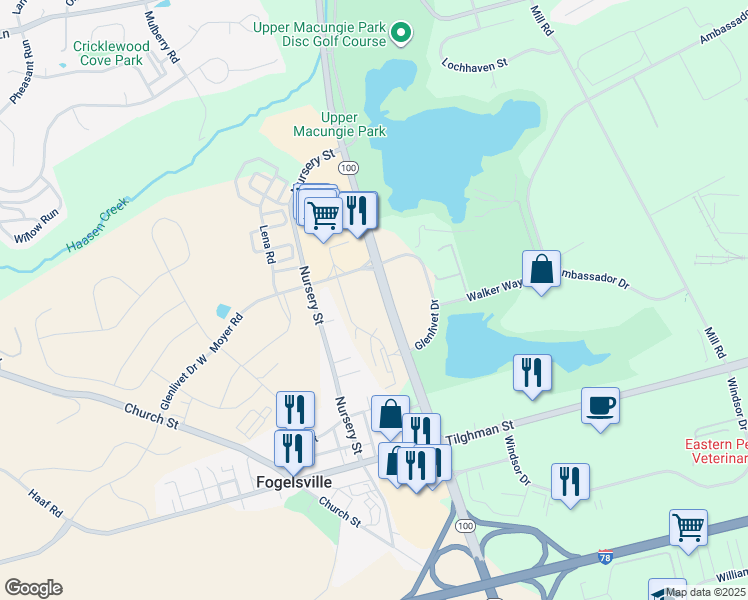 map of restaurants, bars, coffee shops, grocery stores, and more near 1625 Pennsylvania 100 in Fogelsville