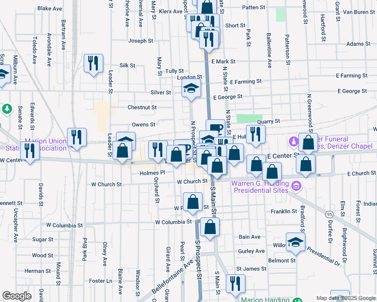 map of restaurants, bars, coffee shops, grocery stores, and more near 196 West Center Street in Marion